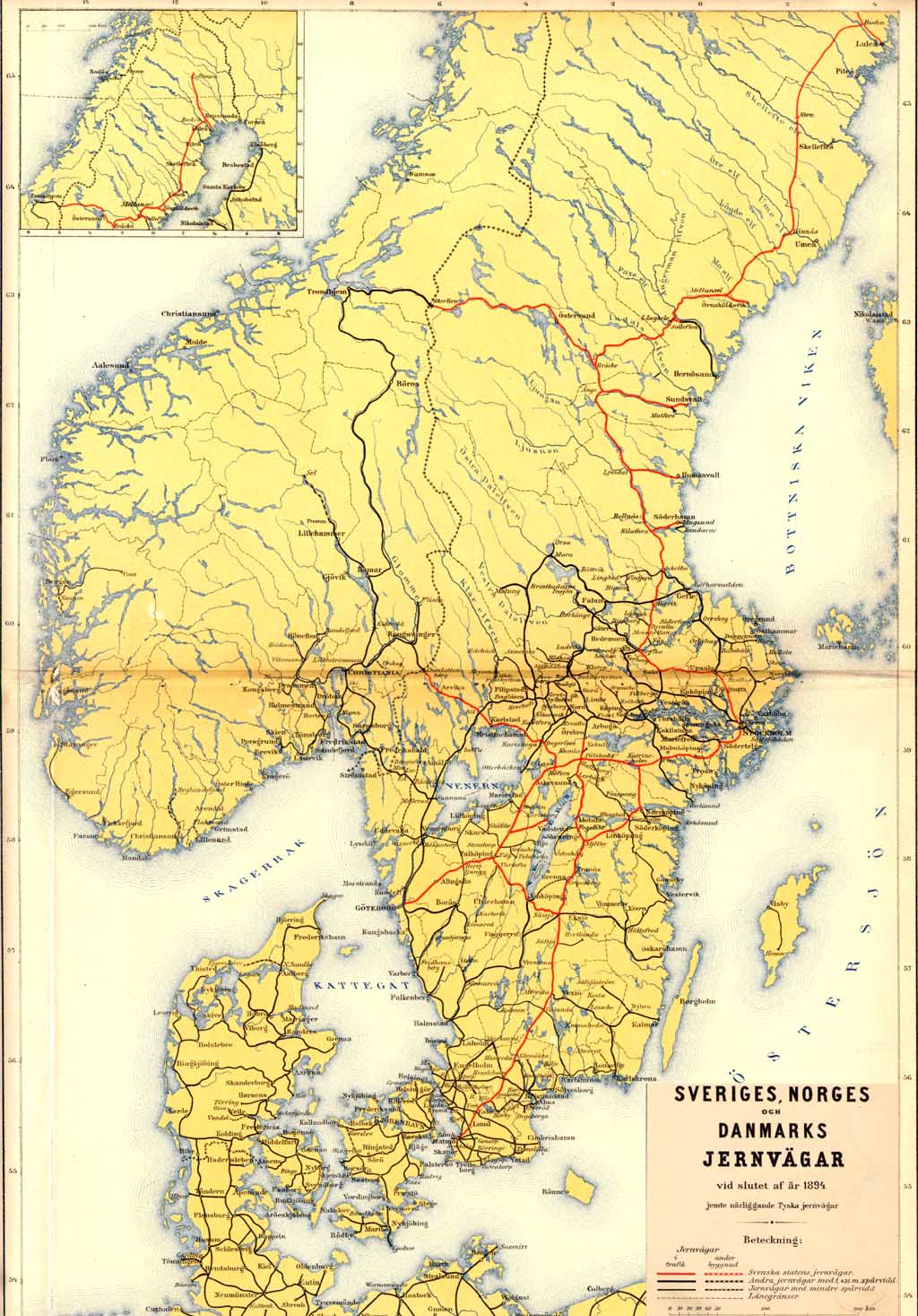 Karta över järnvägarna i Sverige, Norge och Dannmark 1894. Railwaymap