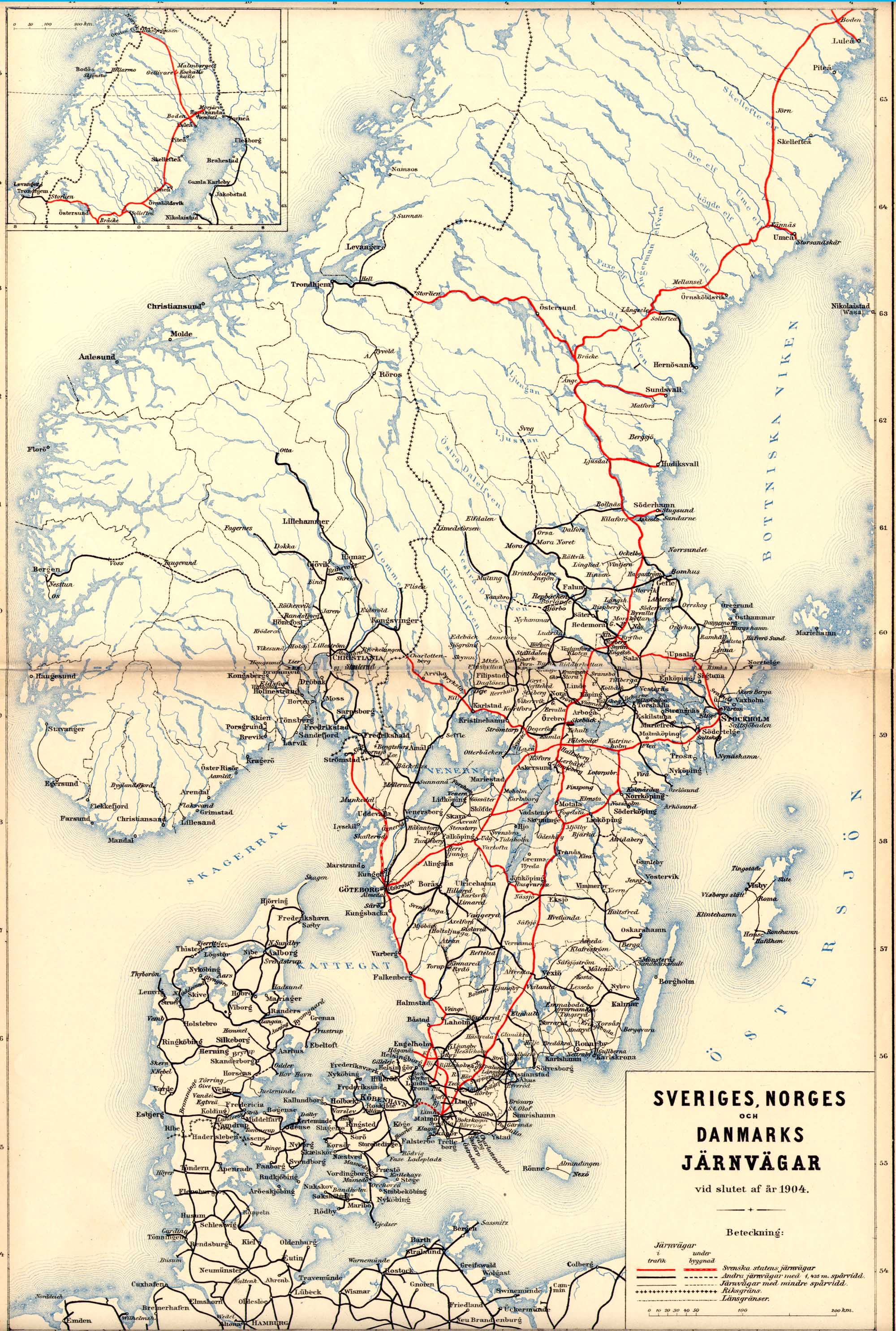 Karta över järnvägarna i Sverige, Norge och Dannmark 1904. Railwaymap