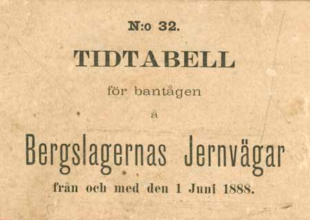 Tidtabell för bantågen å Bergslagernas Jernvägar 1888