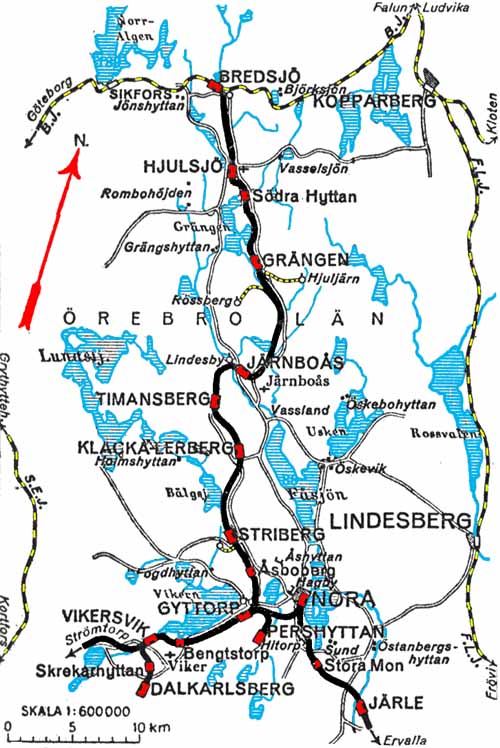 Karta, map. NBJ, Nora - Bergslags Järnväg linjen Nora - Bredsjö