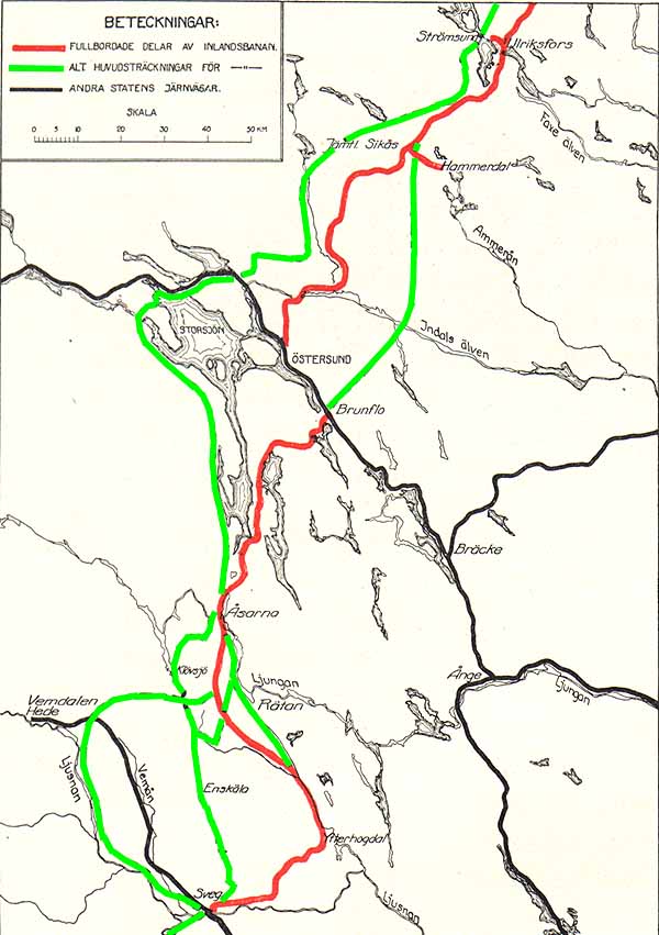 Karta (map) över alternativa sträckningar mellan Sveg och B