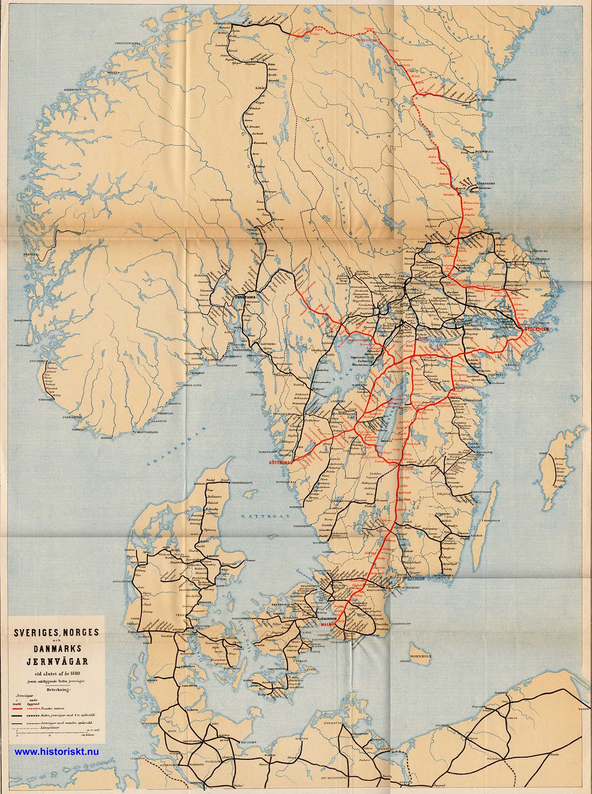 Karta över järnvägarna i Sverige, Norge och Danmark 1880.