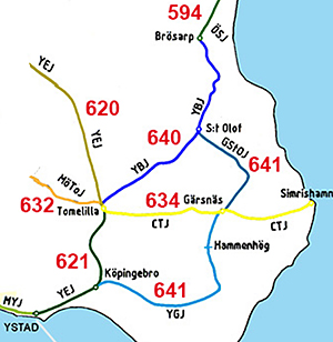 Delkarta utvisande de olika jrnvgsbolagens bandelars inbrdes frhllande i sydstra Skne.