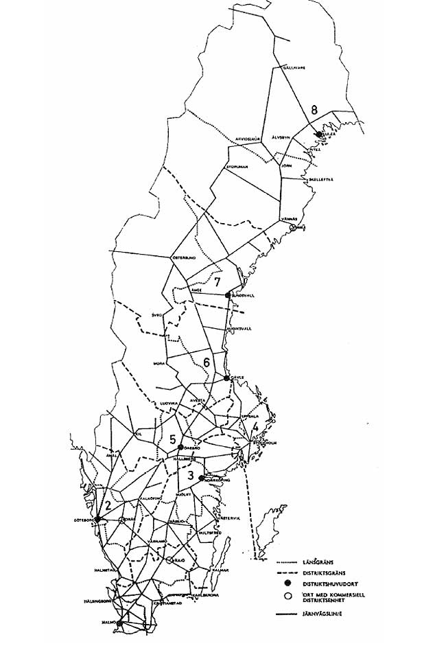 Karta över Trafik- respektive Bandistrikt 1973-07-01