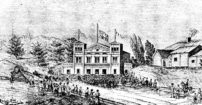 Falun station vid invigningen, efter en samtida teckning.
