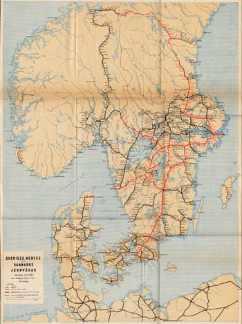 Karta över järnvägarna i Sverige, Norge och Dannmark 1880. Railwaymap Sweden, Norway and Denmark year 1880