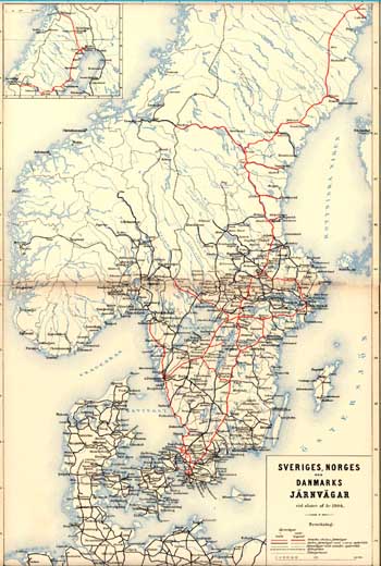 Karta över järnvägarna i Sverige, Norge och Dannmark 1894. Railwaymap Sweden, Norway and Denmark year 1904
