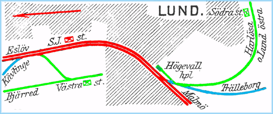 Situationsplan över stationerna i Lund 1921
