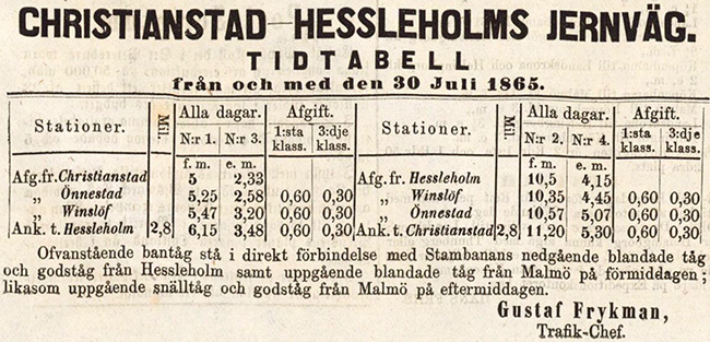 Kristianstad - Hässleholms Järnväg första officiella tidtabell.