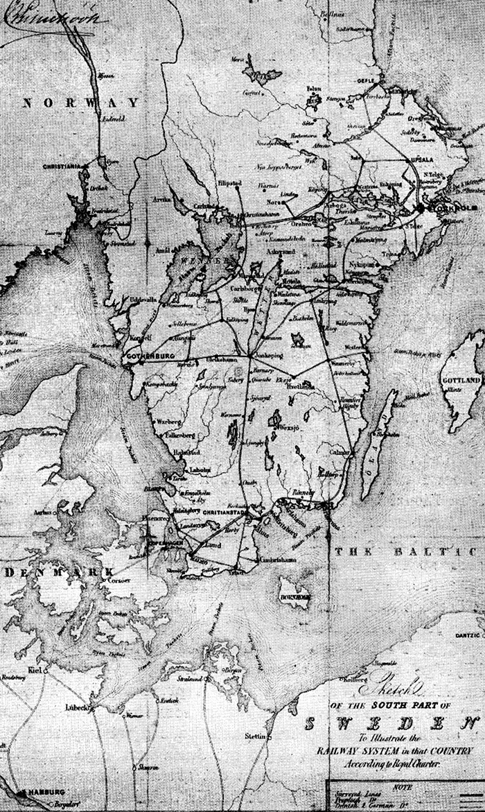 Greve von Rosens järnvägsplan enligt en i England litograferad karta. Södra stambanan går från Jönköping över Kristianstad till Ystad. Bibana bl. a. över Landön till Blekinge.