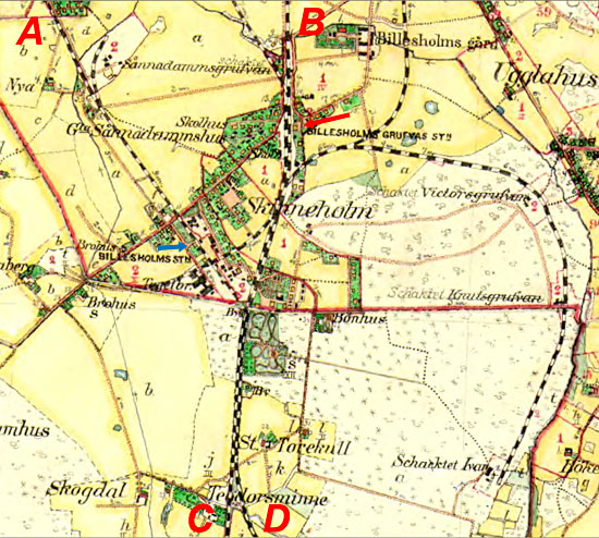 karta från 1915 utvisande järnvägarna runt Billesholm.