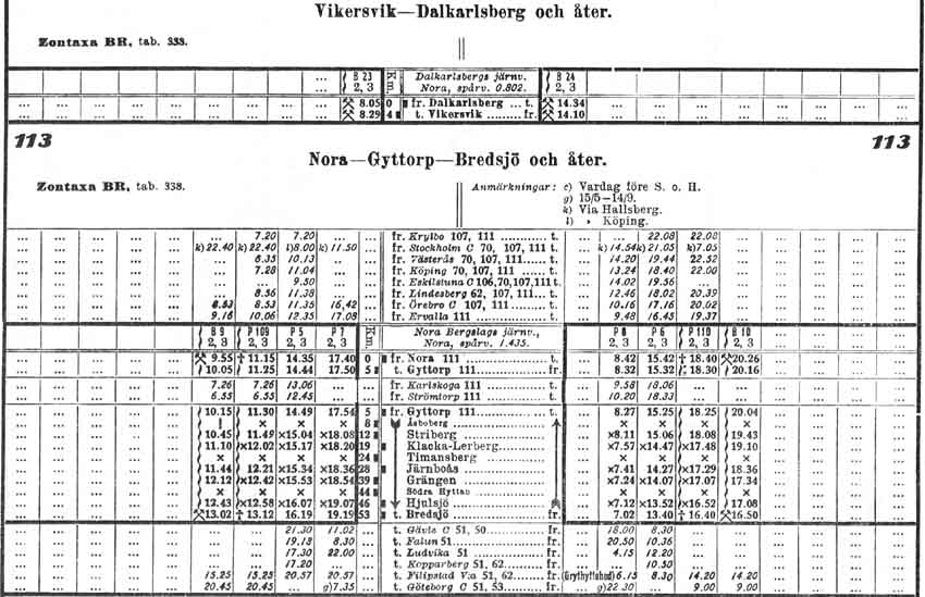 Tidtabell 1930. Vikersvik - Dalkarlsberg och åter, Nora - Gyttorp - Bredsjö och åter