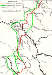 karta utvisande de alternativa förslag som diskuterades rörande Inlandsbanans sträckning mellan Sveg - Brunflo - Ulriksfors