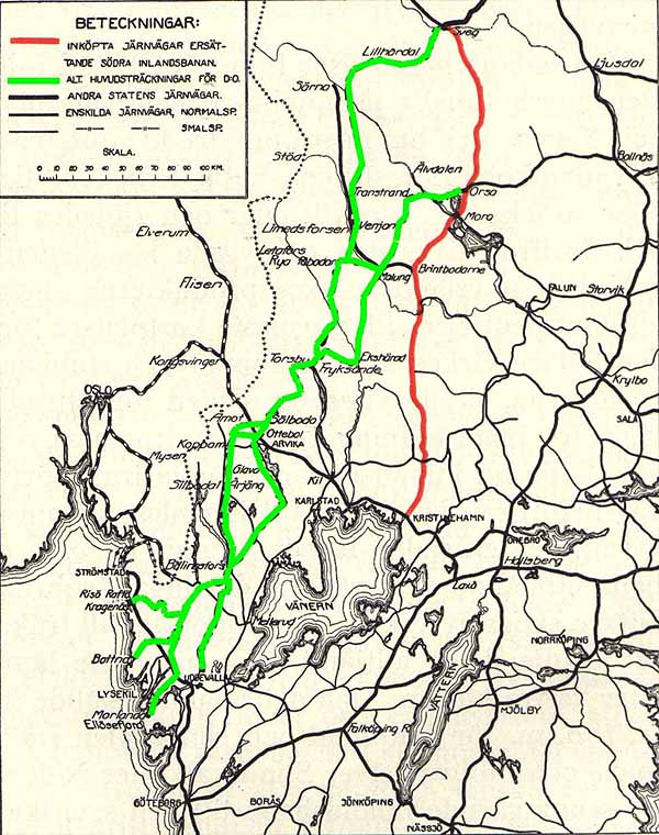 Key map over alternative routes for the southern section of the Inland line.