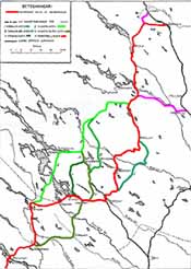 Karta visande alternativa sträckningar av Inlandsbanan