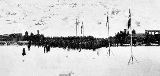 Swedish (to the left) and Norwegian steamengines meet at Riksgränsen November 1902