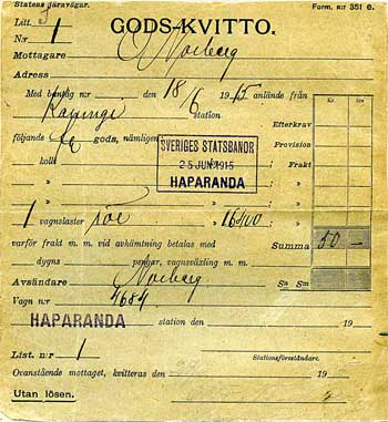 Det första godskvittot som utfärdades i Haparanda, egenhändigt skrivet av Stins Johansson