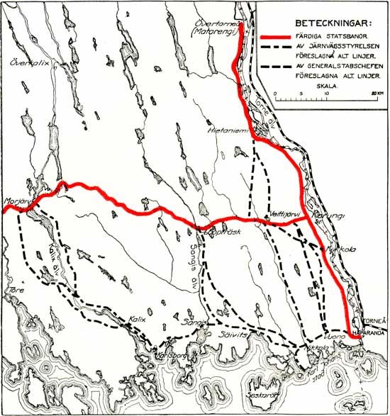 Karta över linjerna Morjärv - Karungi - Haparanda samt Karungi - Övertorneå.
