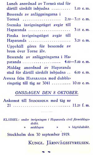 Program för invigning av nya bron över Öre älv den 5 oktober 1919 och sammanbindningsbanan Haparanda - Torneå den 6 oktober 1919