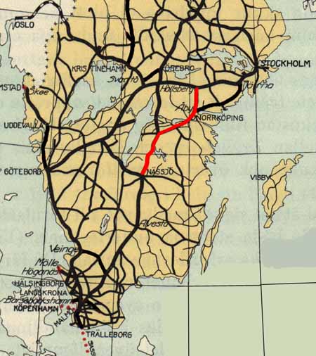 Railwaymap over Swedish Railways eastern main line