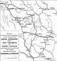 Järnvägskarta som visar en del av alla de alternativa sträckningar som diskuterades när det gällde dragningen av stambanan genom Norrland