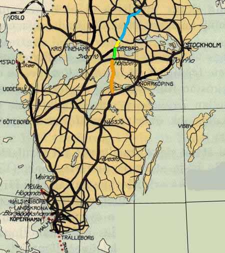 Railway map Swedish Railways main line Krylbo - Mjölby