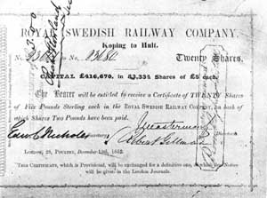 Interimsbevis av den 15 december 1852 för aktieteckning i Royal Swedish Railway Co.