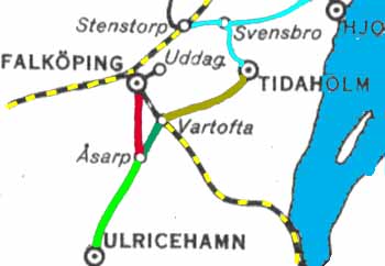 Karta visande Tidaholms Järnväg i förhållande till HSJ, UJ och VCJ