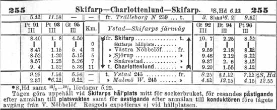 Timetable 1914 Ystad - Skivarps Järnväg, YSJ.