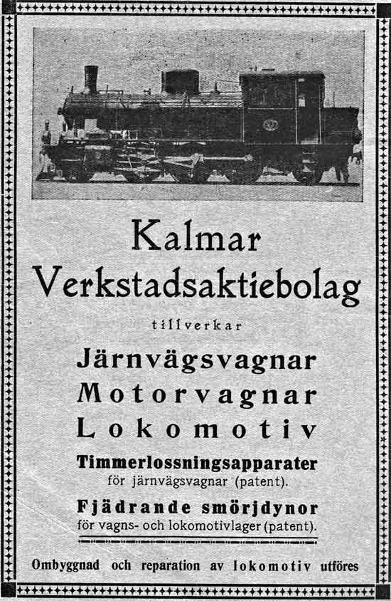 Reklam från Kalmar Verkstad 1925. På bilden ånglok med
