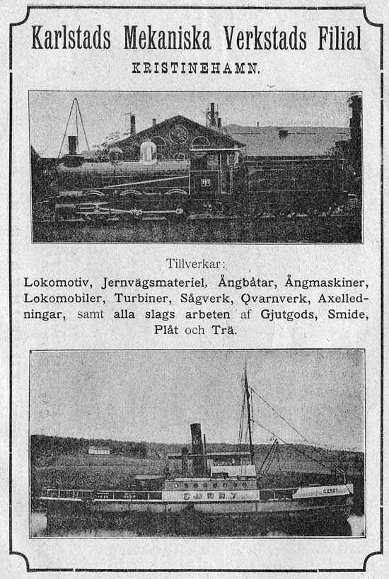 Reklam för Karlstads Mekaniska Verkstad i Kristinehamn från 1894.