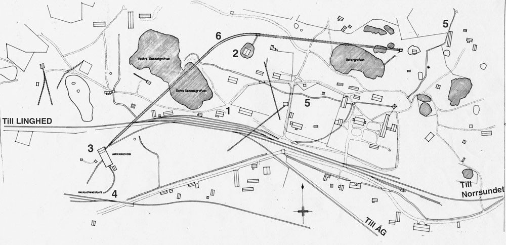 Siffrorna p ritningen betyder fljande: 1. DONJ stationshus.  2. Majorens schakt.  3. Anrikningsverket.  4. Malmlastningsplats.  5. Kanalsystem fr vattenfrsrjning.  6. Hgbana mellan gruvschakten och anrikningsverket.