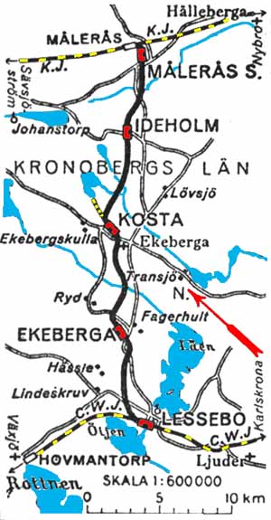 Map, karta Kosta Järnväg och Kosta - Lessebo Järnväg, KLJ
