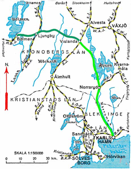 karta map KVBJ, Karlshamn-Vislanda-Bolmens Järnväg
