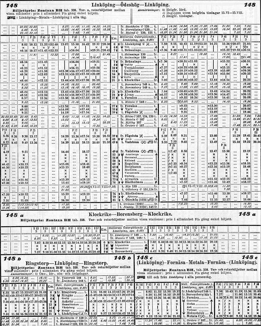 Tidtabell 1930 MÖJ, Mellersta Östergötlands Järnvägar. Timetable 1930