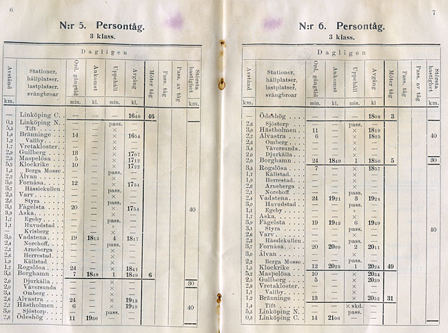 Tjänstgöringstidtabell, MÖJ, Mellersta Östergötlands Järnvägar
