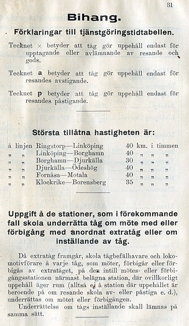 Tjänstgöringstidtabell, MÖJ, Mellersta Östergötlands Järnvägar