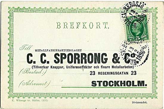 Brefkortet innehåller en beställning till Sporrong där Carlén beställer 12 st stora förgyllda knappar för stationsinspektor att sändas omgående. 