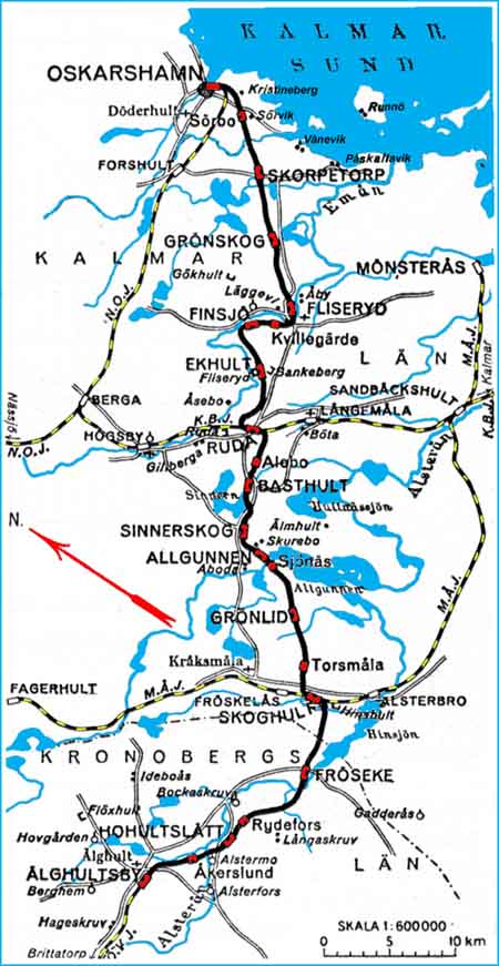 Karta över ÖSmJ, Östra Smålands Järnväg. Map ÖSmJ