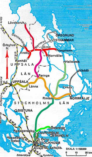 Översiktskarta Stockholm-Roslagens Järnvägar, key map SRJ