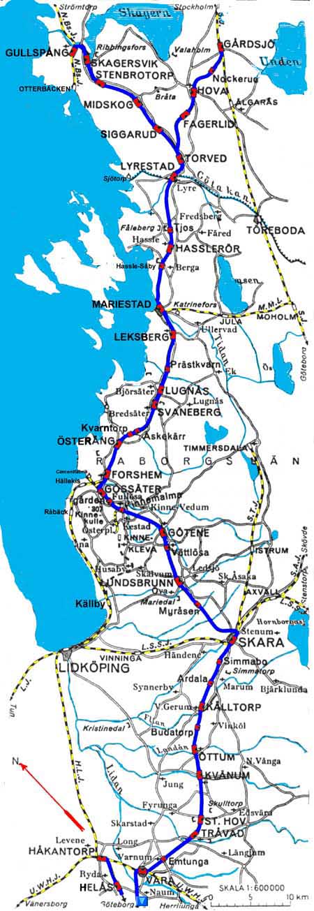 Karta VGJ, Västergötland -Göteborgs Järnvägar, delen (section) Vara-Gårdsjö